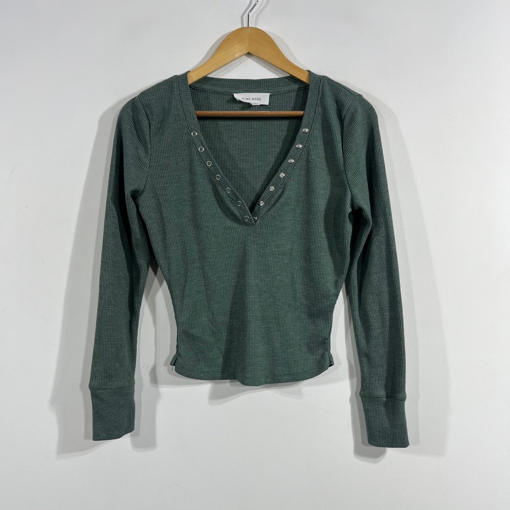 Womens Fisherman Henley 90s Green Waffle Knit Long Sleeve Top Medium Thermal